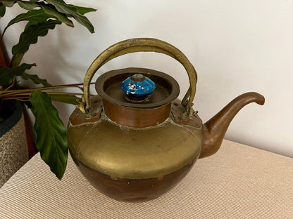 Copper and Brass Tea Kettle with Blue Ceramic Knob — Double Handle, India, 8" x 10.75" - Loom Vintage