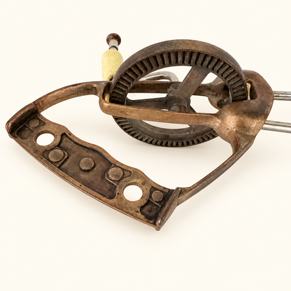 Pierced copper D-grip handle and the gear wheel, close view
