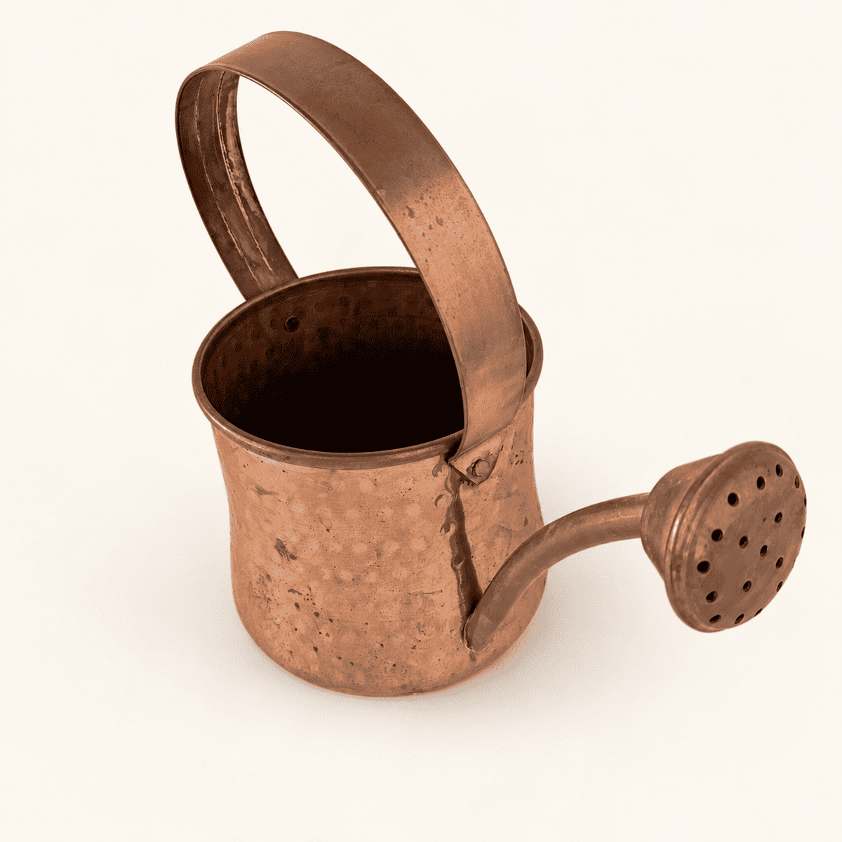 Looking into the open top of the copper watering can