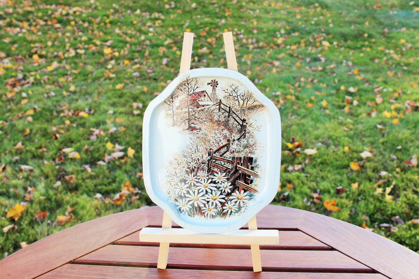 Country Barn / Metal Tray / Field of Flowers Tin Tray / Decorative Tray - Loom Vintage
