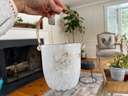 Creazioni Silvestri Arte Murano Crystal Ice Bucket — Marbled Glass, Cherub & Gold Handle, Italy - Loom Vintage