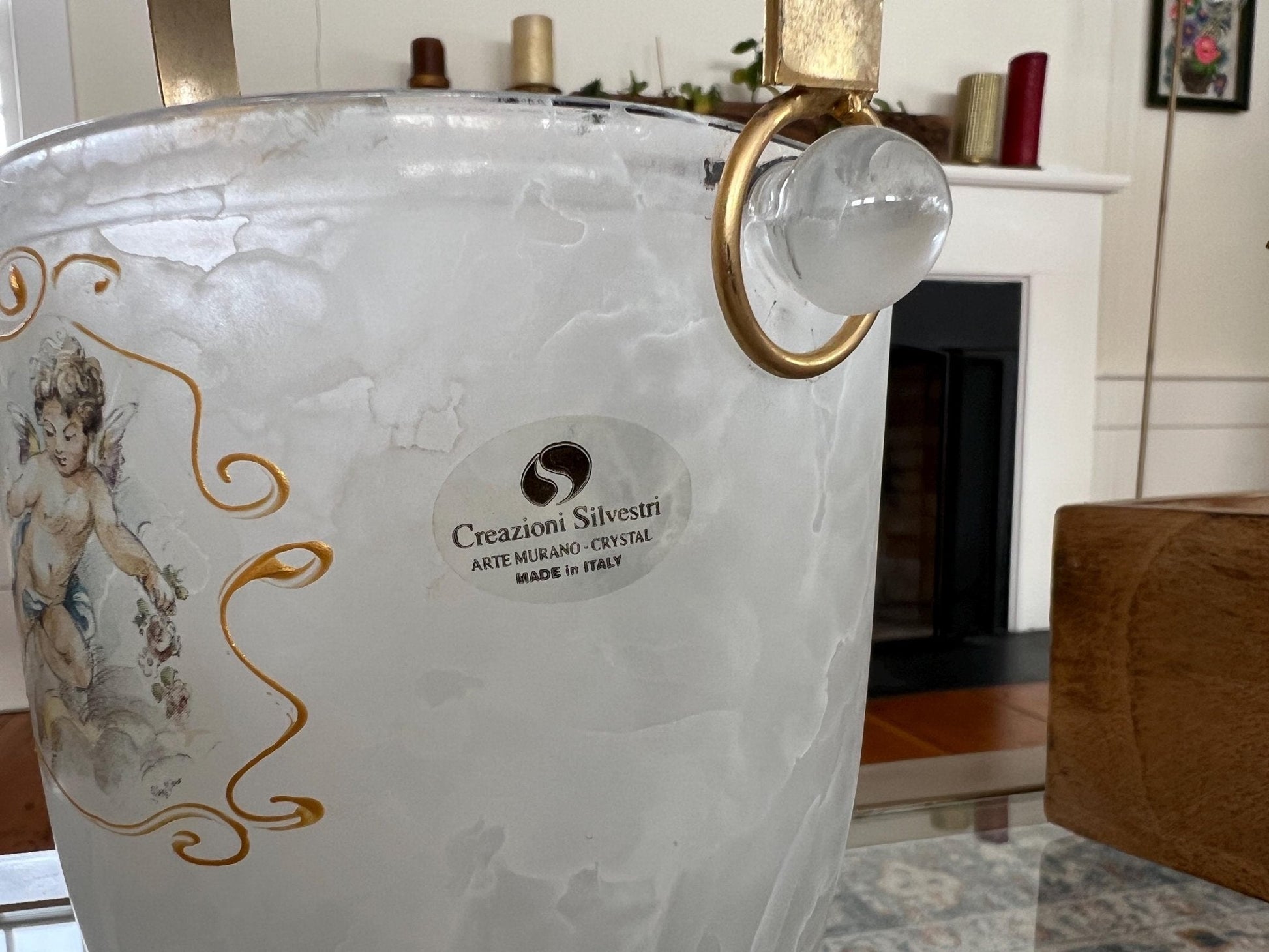 Creazioni Silvestri Arte Murano Crystal Ice Bucket — Marbled Glass, Cherub & Gold Handle, Italy - Loom Vintage