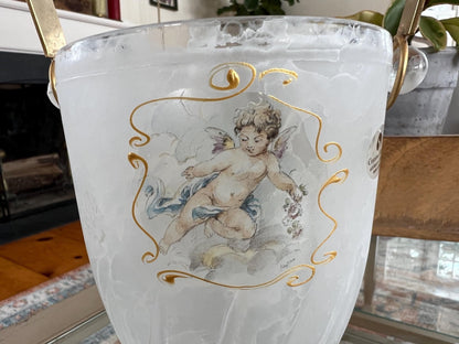 Creazioni Silvestri Arte Murano Crystal Ice Bucket — Marbled Glass, Cherub & Gold Handle, Italy - Loom Vintage