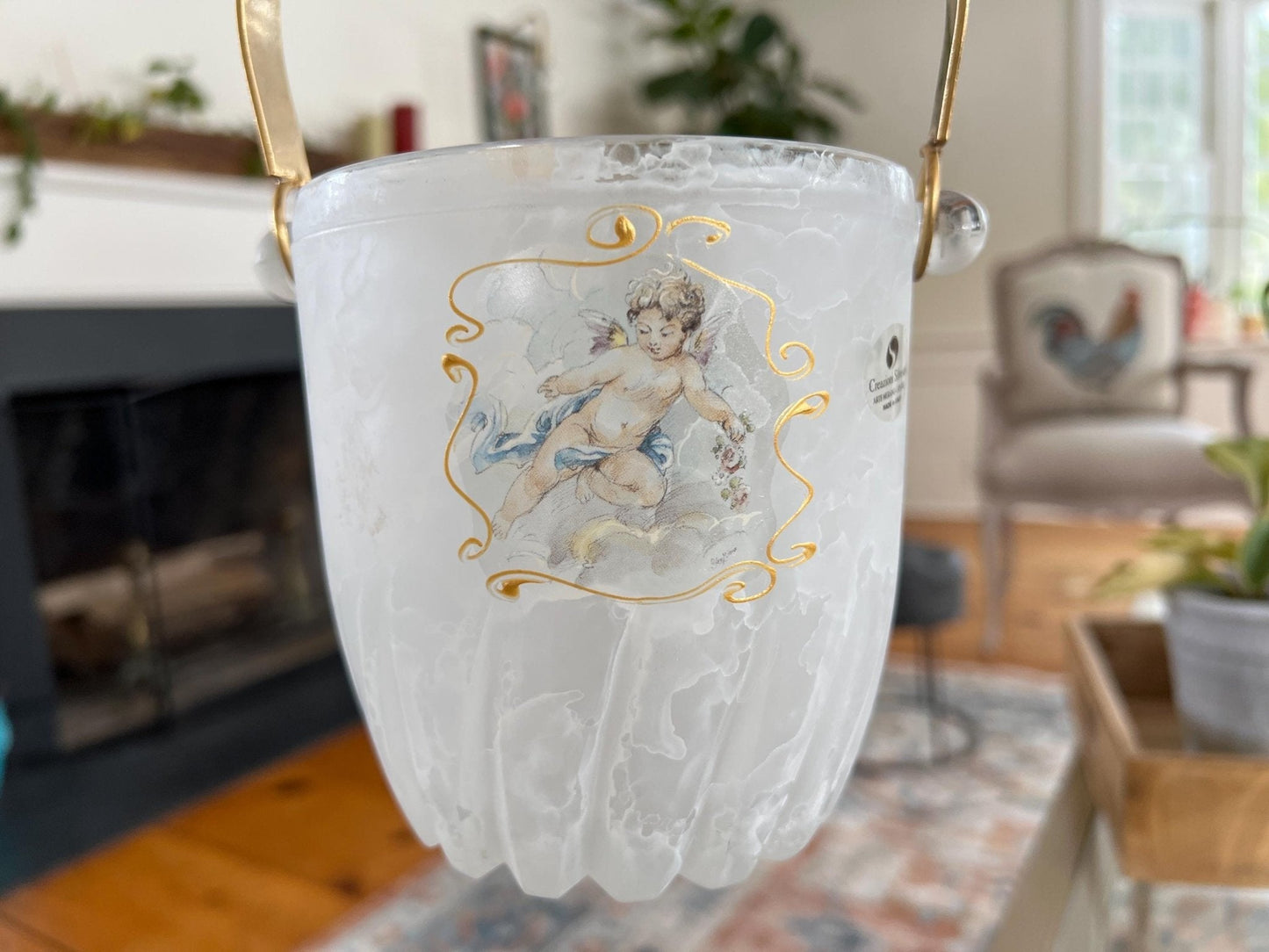 Creazioni Silvestri Arte Murano Crystal Ice Bucket — Marbled Glass, Cherub & Gold Handle, Italy - Loom Vintage