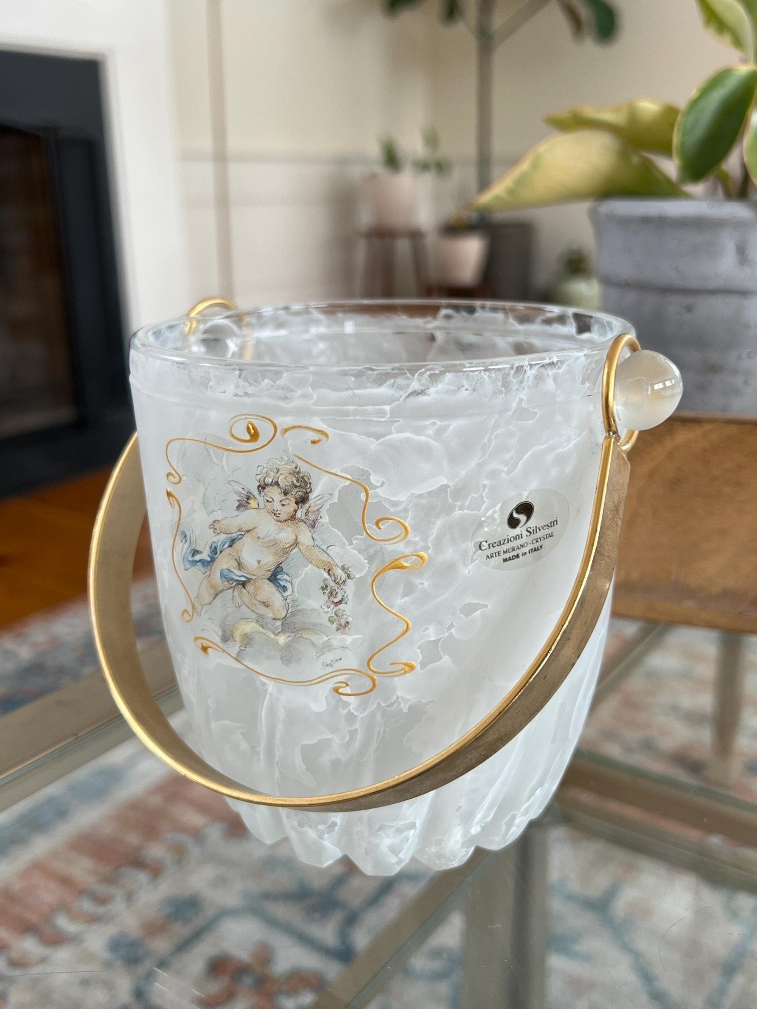 Creazioni Silvestri Arte Murano Crystal Ice Bucket — Marbled Glass, Cherub & Gold Handle, Italy - Loom Vintage