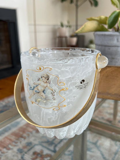 Creazioni Silvestri Arte Murano Crystal Ice Bucket — Marbled Glass, Cherub & Gold Handle, Italy - Loom Vintage