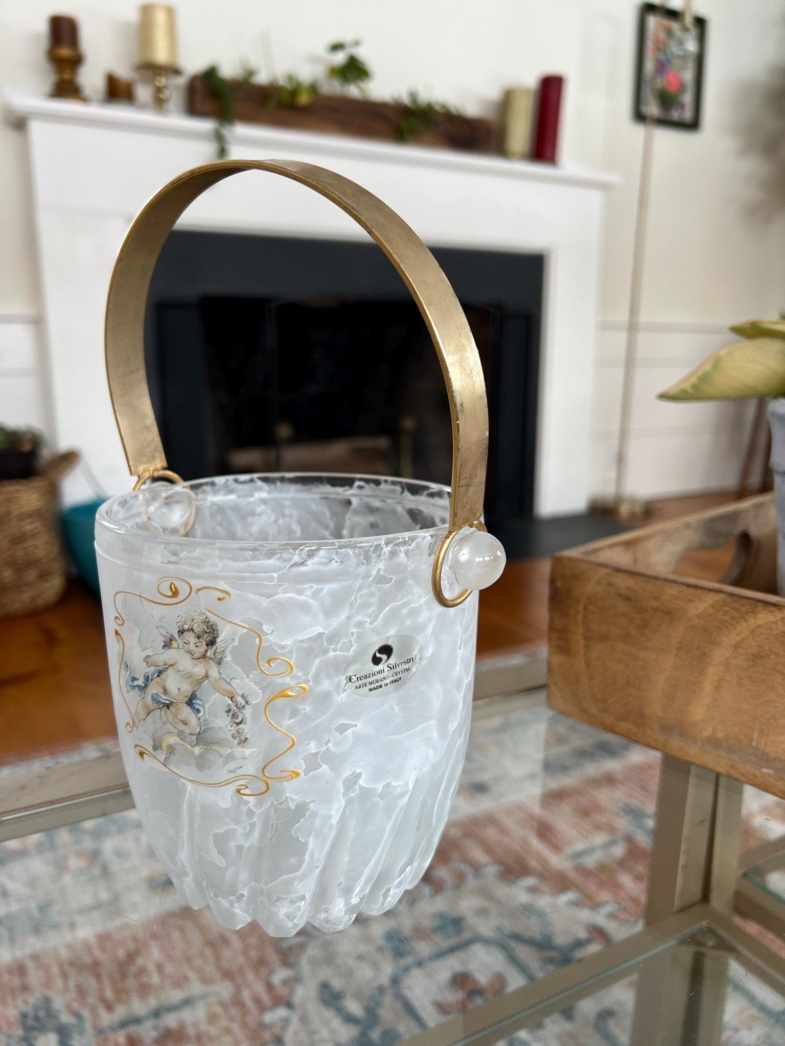 Creazioni Silvestri Arte Murano Crystal Ice Bucket — Marbled Glass, Cherub & Gold Handle, Italy - Loom Vintage