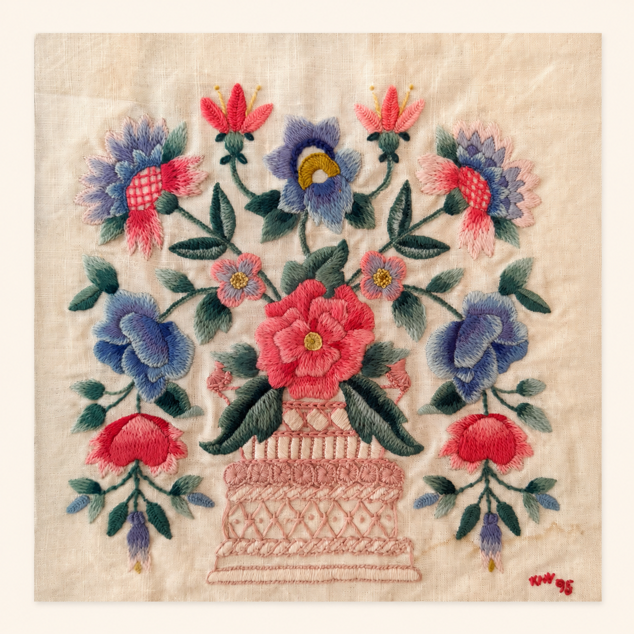 Close up of crewel embroidery stitching with roses and bee