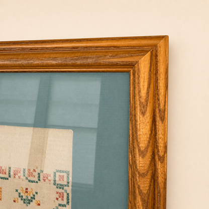 Corner of oak frame showing wood grain