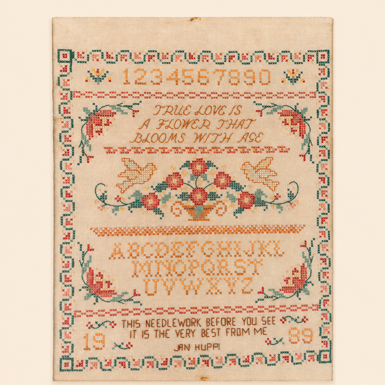 Full view of hand-stitched sampler with alphabet and floral border