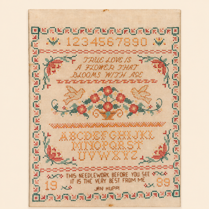 Full view of hand-stitched sampler with alphabet and floral border