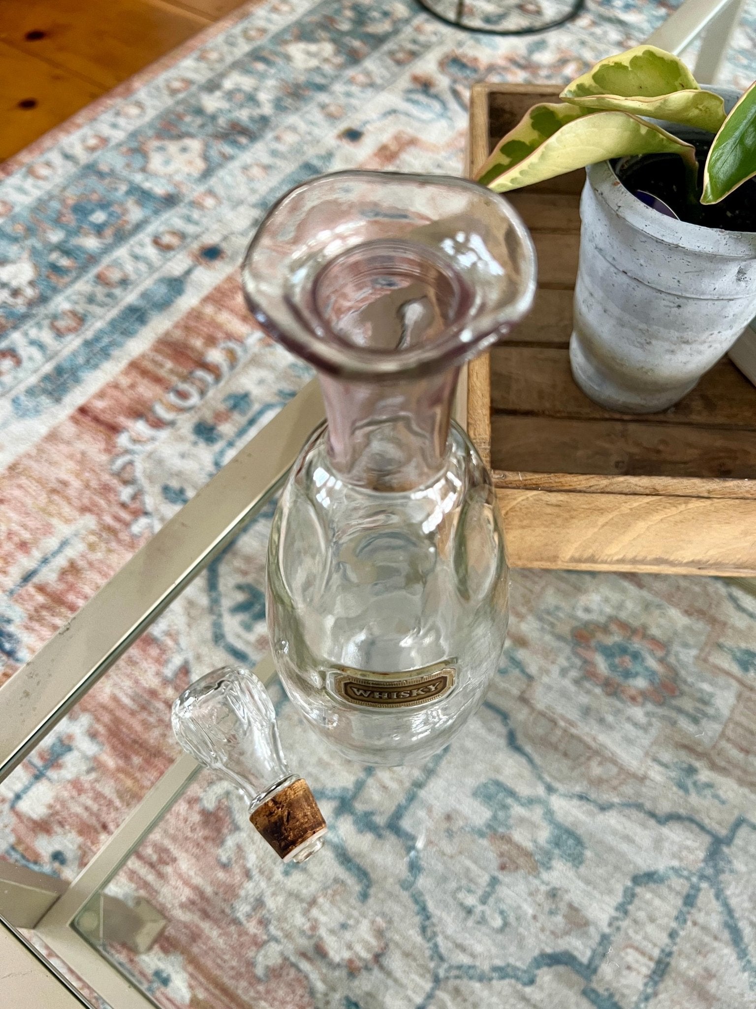 Crystal Whisky Decanter Bottle — Gold & Pink Neck Detail, Original Stopper & Label, 12"H, Mid - Century - Loom Vintage