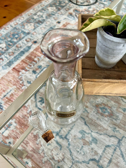 Crystal Whisky Decanter Bottle — Gold & Pink Neck Detail, Original Stopper & Label, 12"H, Mid - Century - Loom Vintage