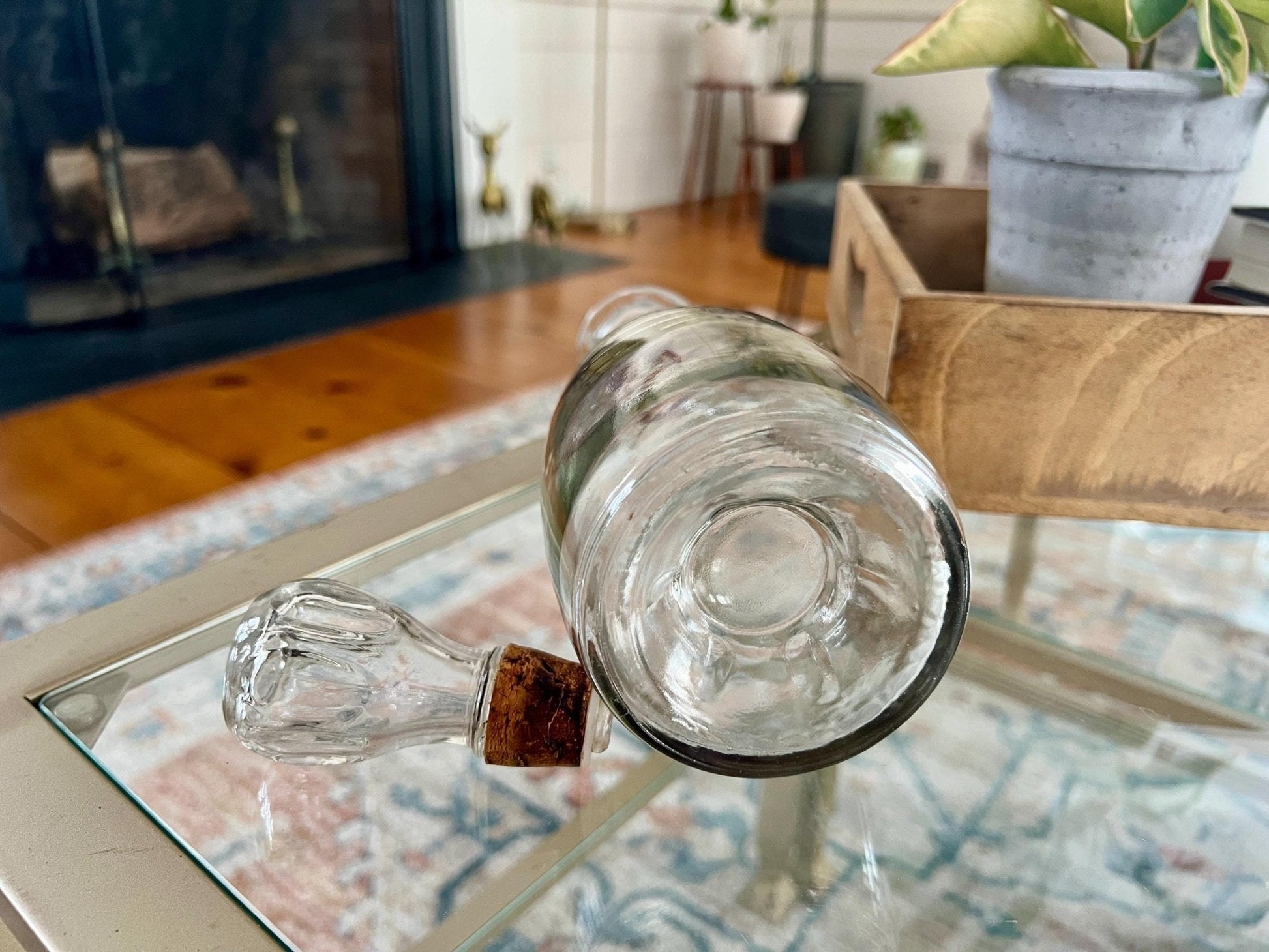 Crystal Whisky Decanter Bottle — Gold & Pink Neck Detail, Original Stopper & Label, 12"H, Mid - Century - Loom Vintage