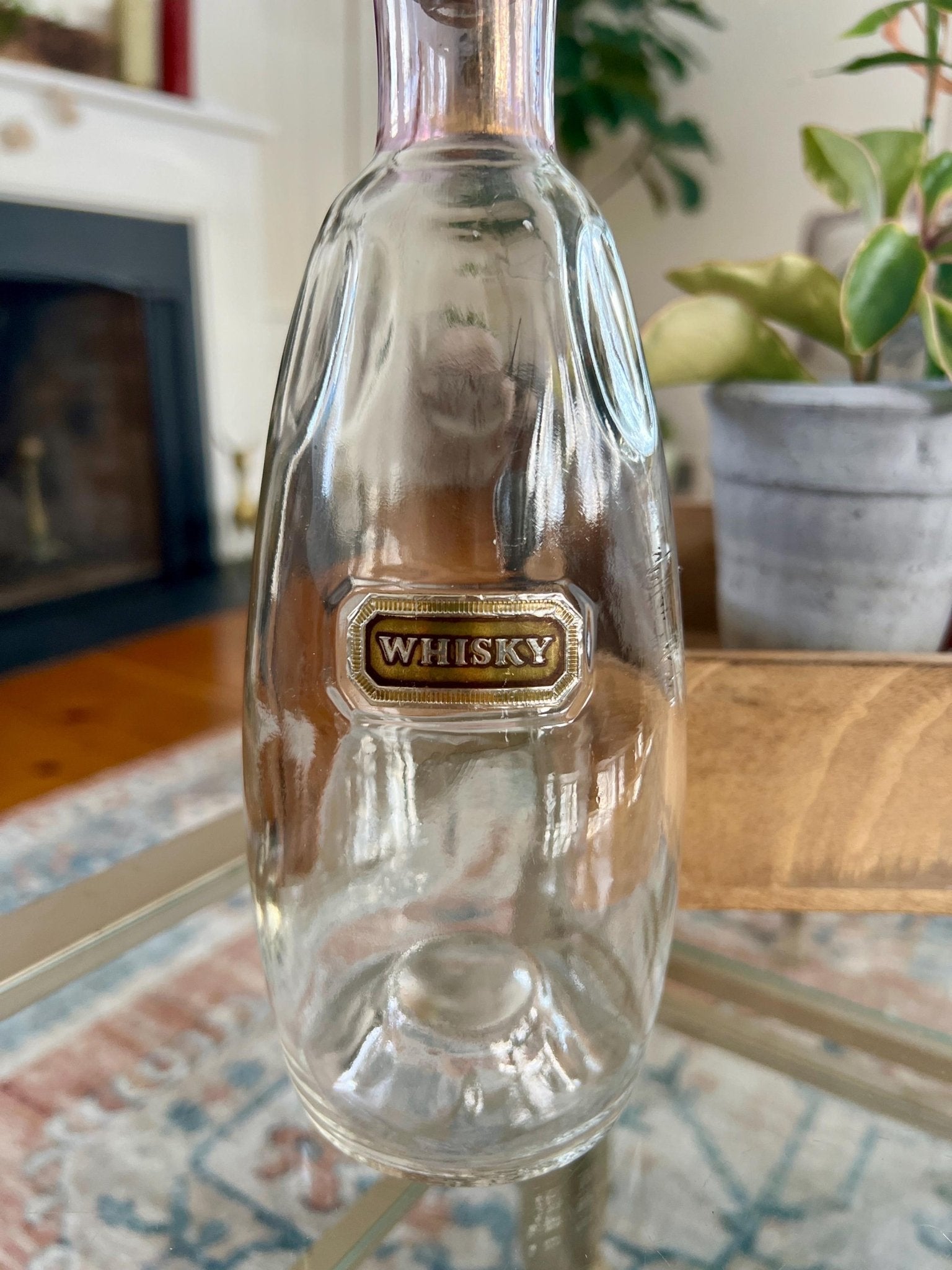 Crystal Whisky Decanter Bottle — Gold & Pink Neck Detail, Original Stopper & Label, 12"H, Mid - Century - Loom Vintage