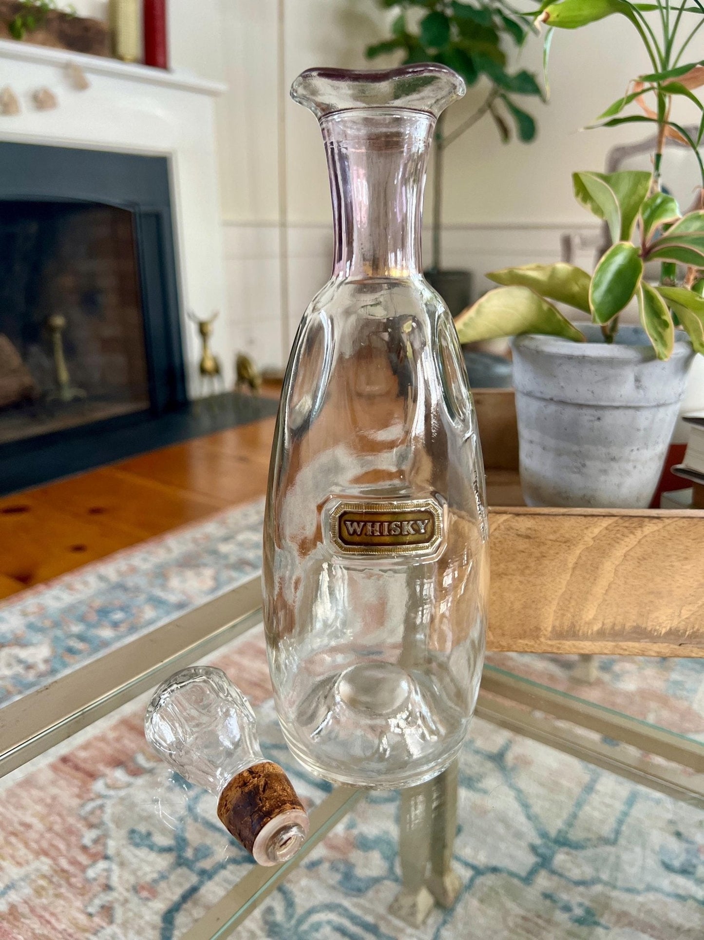 Crystal Whisky Decanter Bottle — Gold & Pink Neck Detail, Original Stopper & Label, 12"H, Mid - Century - Loom Vintage
