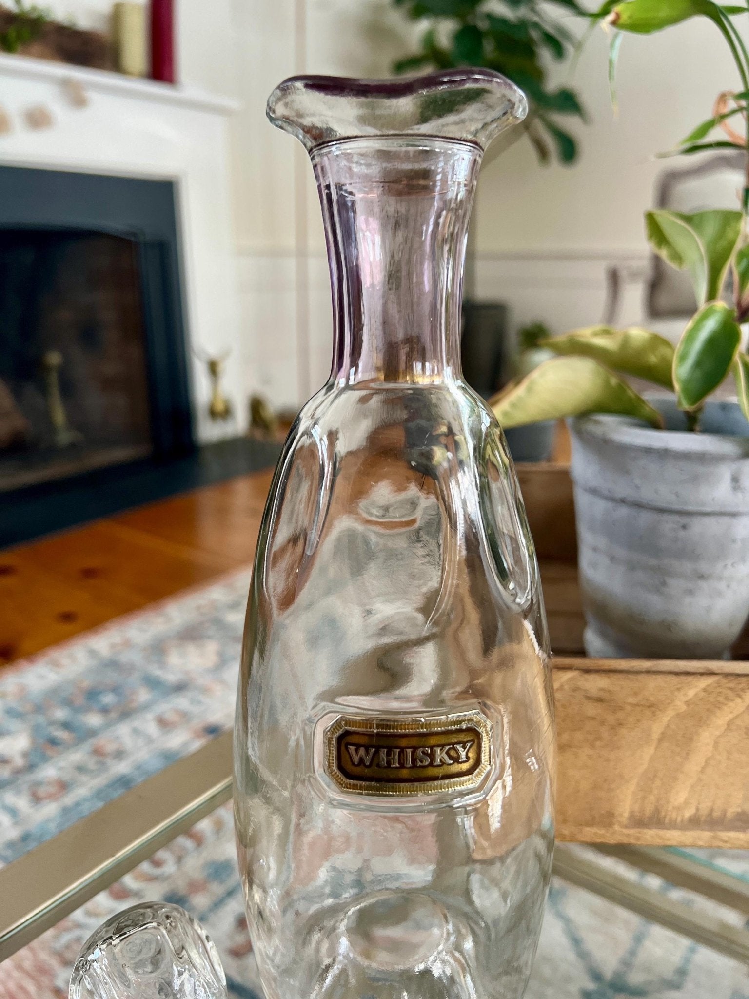 Crystal Whisky Decanter Bottle — Gold & Pink Neck Detail, Original Stopper & Label, 12"H, Mid - Century - Loom Vintage