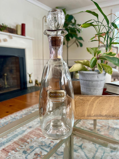 Crystal Whisky Decanter Bottle — Gold & Pink Neck Detail, Original Stopper & Label, 12"H, Mid - Century - Loom Vintage