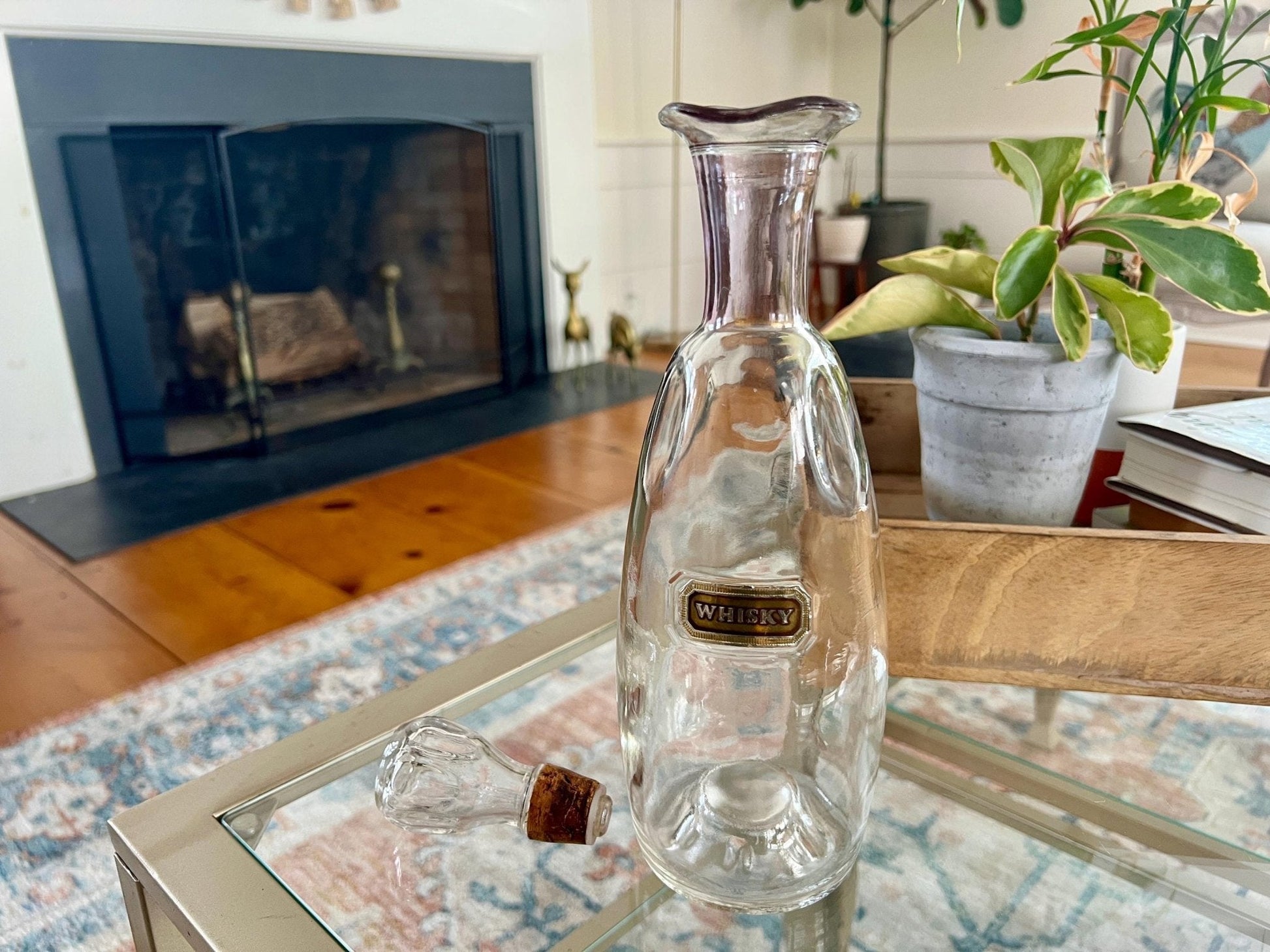 Crystal Whisky Decanter Bottle — Gold & Pink Neck Detail, Original Stopper & Label, 12"H, Mid - Century - Loom Vintage