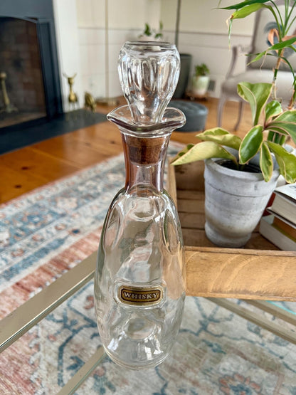 Crystal Whisky Decanter Bottle — Gold & Pink Neck Detail, Original Stopper & Label, 12"H, Mid - Century - Loom Vintage