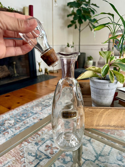 Crystal Whisky Decanter Bottle — Gold & Pink Neck Detail, Original Stopper & Label, 12"H, Mid - Century - Loom Vintage