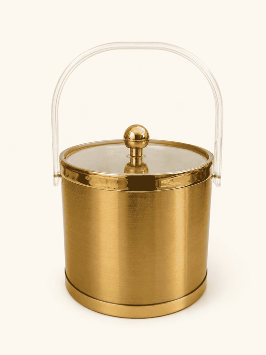 Culver gold and lucite ice bucket with arched handle, front view