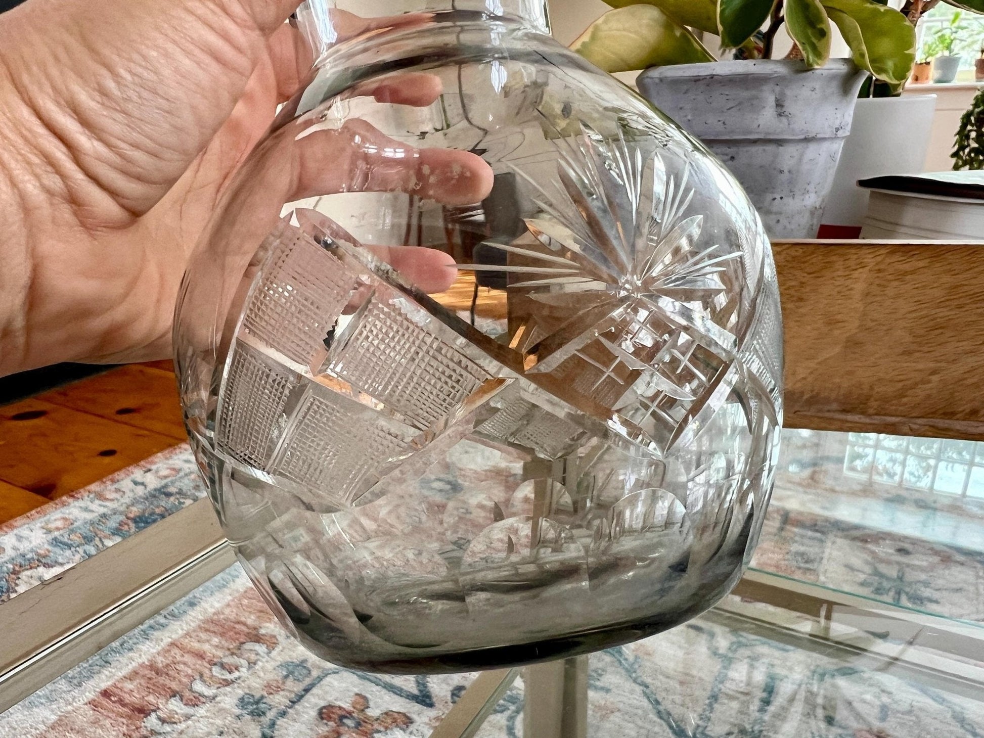 Cut Crystal Carafe — Etched Floral Design, 9.25"H - Loom Vintage