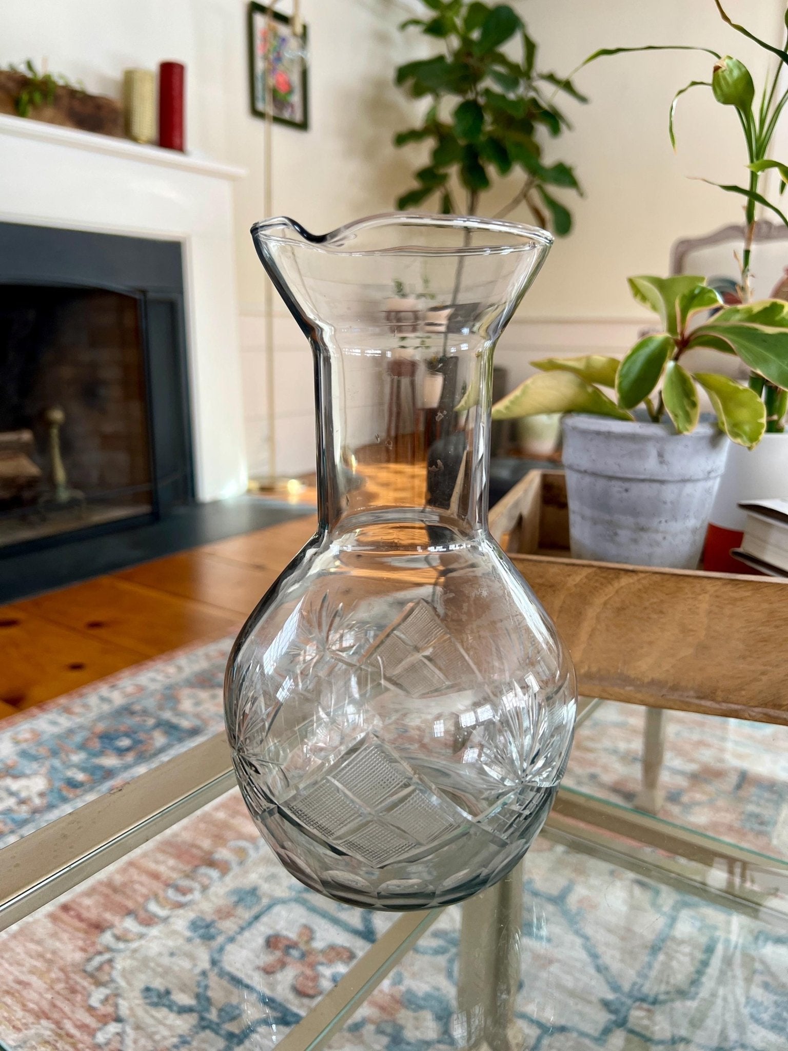 Cut Crystal Carafe — Etched Floral Design, 9.25"H - Loom Vintage