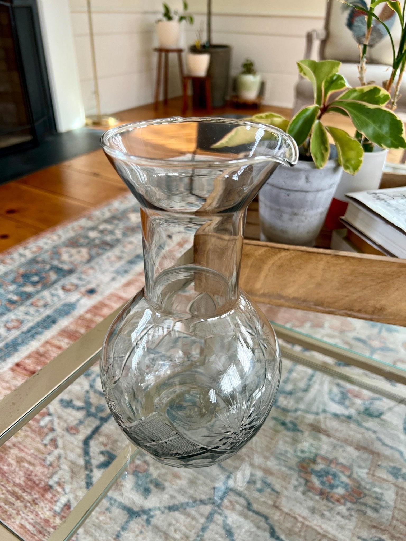Cut Crystal Carafe — Etched Floral Design, 9.25"H - Loom Vintage