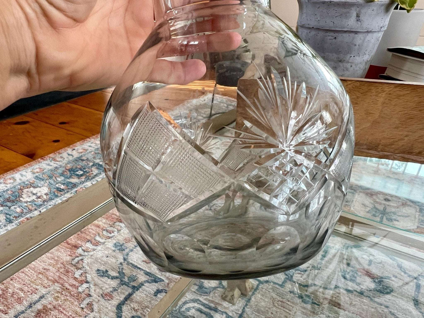 Cut Crystal Carafe — Etched Floral Design, 9.25"H - Loom Vintage