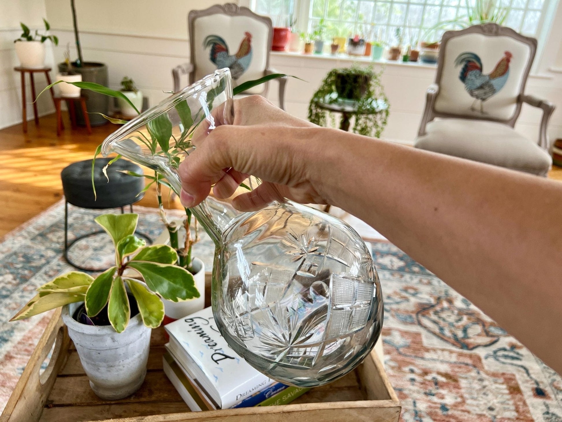 Cut Crystal Carafe — Etched Floral Design, 9.25"H - Loom Vintage