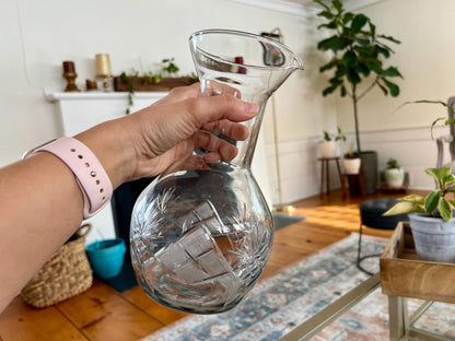 Cut Crystal Carafe — Etched Floral Design, 9.25"H - Loom Vintage