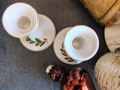 Vintage 1980s Christmas Holly Porcelain Candlestick Holders – Made in Japan, Set of 2 – photo 5 of 6