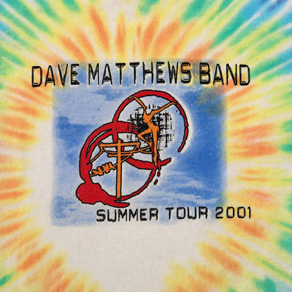 Close-up of Dave Matthews Band Fire Dancer logo and Summer Tour 2001 text, clean print