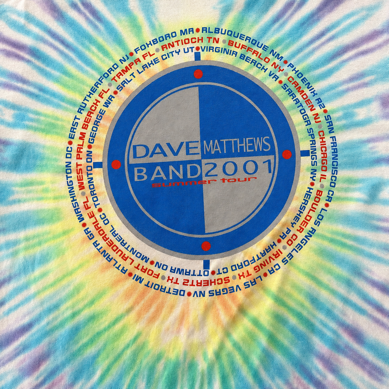 Close-up of Dave Matthews Band 2001 circular date-wrap listing full summer tour cities