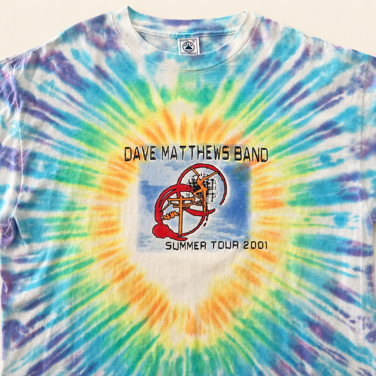 Dave Matthews Band Summer Tour 2001 front print, Fire Dancer logo on rainbow spiral tie-dye