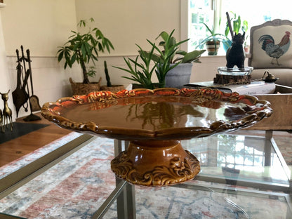 DeForest of California Ceramic Cake Stand — Orange Drip Glaze, 1962, 12.5" diameter - Loom Vintage