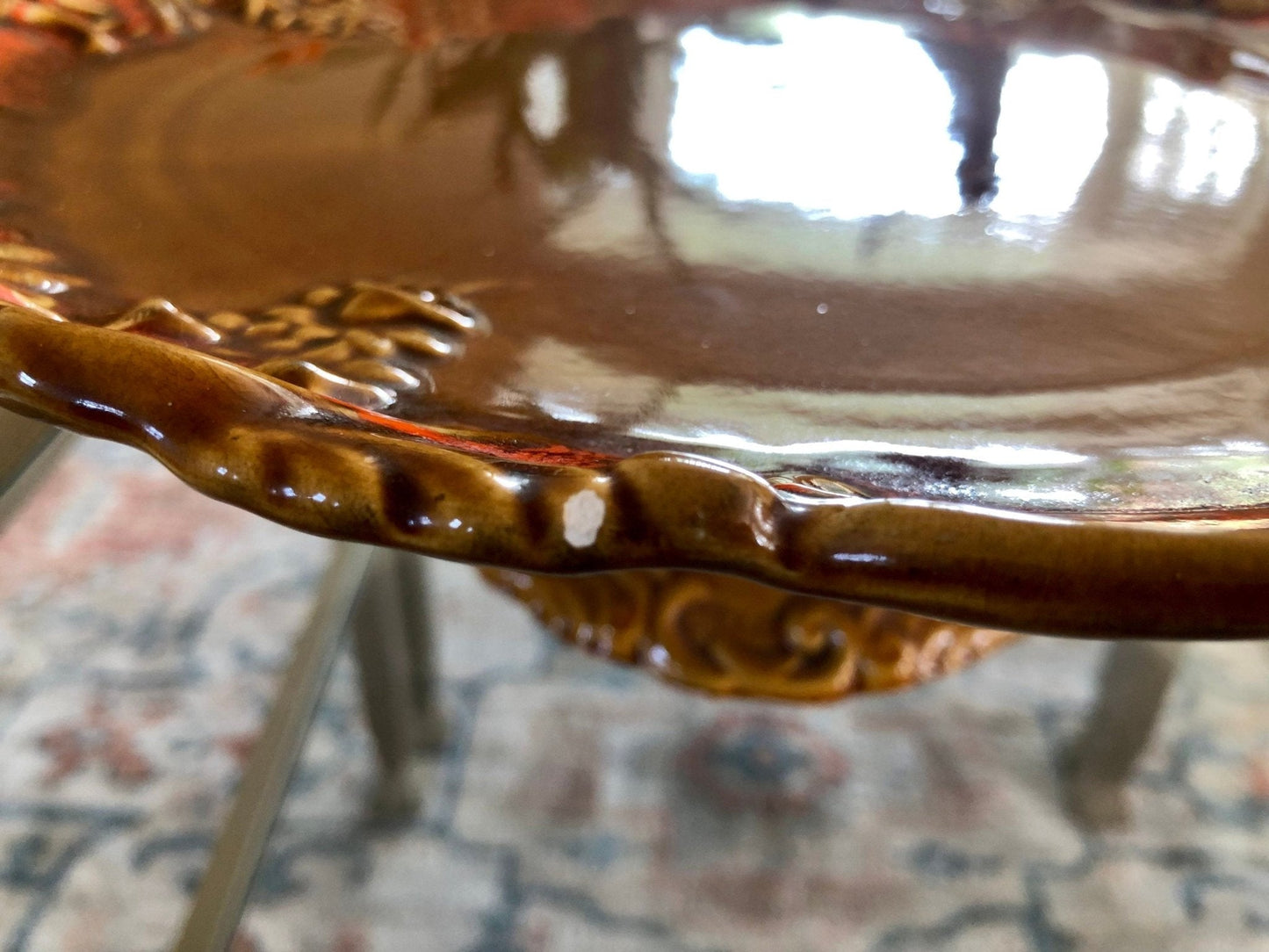 DeForest of California Ceramic Cake Stand — Orange Drip Glaze, 1962, 12.5" diameter - Loom Vintage