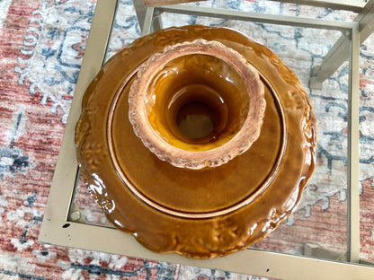 DeForest of California Ceramic Cake Stand — Orange Drip Glaze, 1962, 12.5" diameter - Loom Vintage