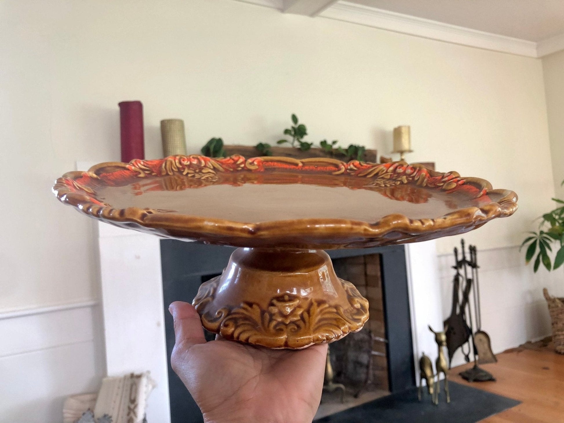 DeForest of California Ceramic Cake Stand — Orange Drip Glaze, 1962, 12.5" diameter - Loom Vintage