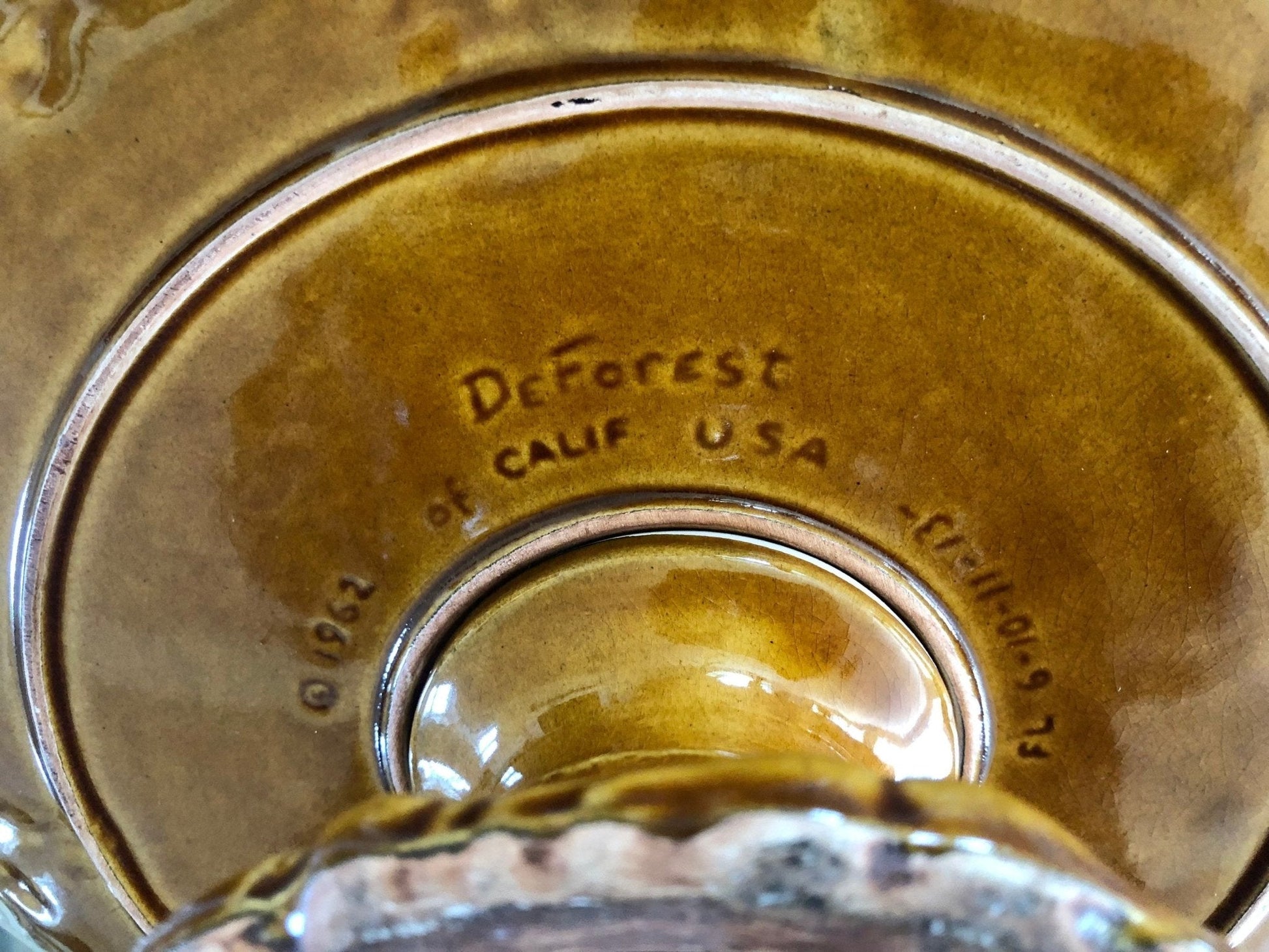 DeForest of California Ceramic Cake Stand — Orange Drip Glaze, 1962, 12.5" diameter - Loom Vintage
