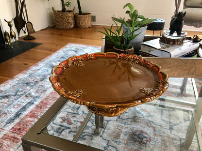 DeForest of California Ceramic Cake Stand — Orange Drip Glaze, 1962, 12.5" diameter - Loom Vintage