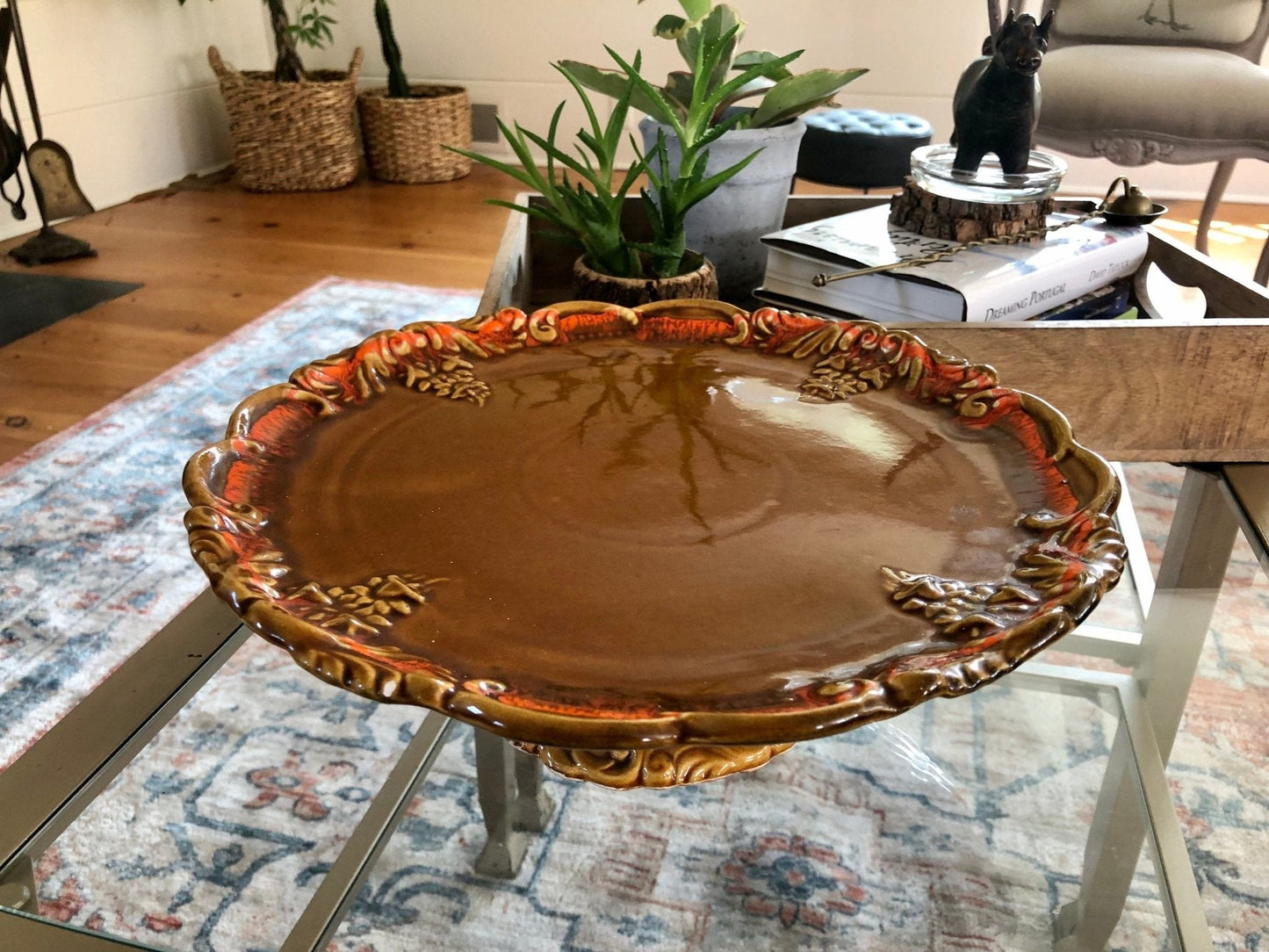 DeForest of California Ceramic Cake Stand — Orange Drip Glaze, 1962, 12.5" diameter - Loom Vintage