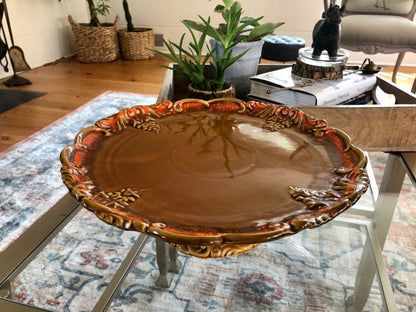 DeForest of California Ceramic Cake Stand — Orange Drip Glaze, 1962, 12.5" diameter - Loom Vintage
