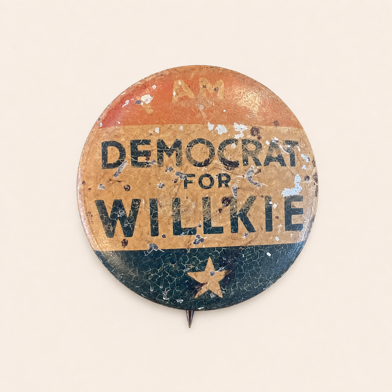 I Am a Democrat for Willkie 1940 campaign button with star, red tan and blue