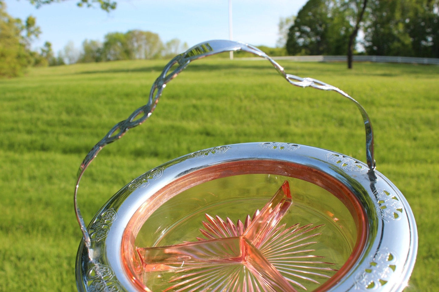 Depression Pink Glass Divided Dish in Silver - Plate Carrier — Floral Carrier, 9"W - Loom Vintage
