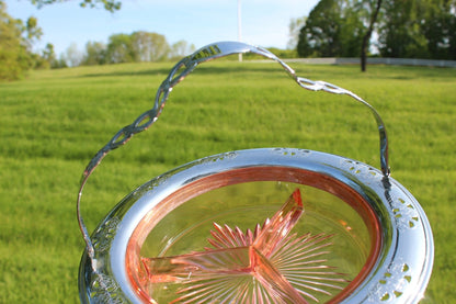 Depression Pink Glass Divided Dish in Silver - Plate Carrier — Floral Carrier, 9"W - Loom Vintage
