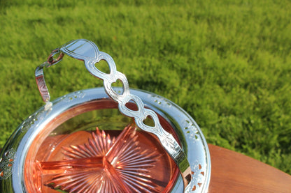 Depression Pink Glass Divided Dish in Silver - Plate Carrier — Floral Carrier, 9"W - Loom Vintage