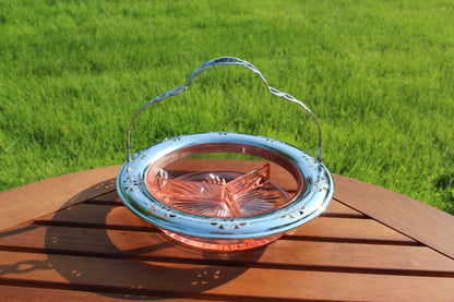 Depression Pink Glass Divided Dish in Silver - Plate Carrier — Floral Carrier, 9"W - Loom Vintage