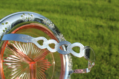 Depression Pink Glass Divided Dish in Silver - Plate Carrier — Floral Carrier, 9"W - Loom Vintage